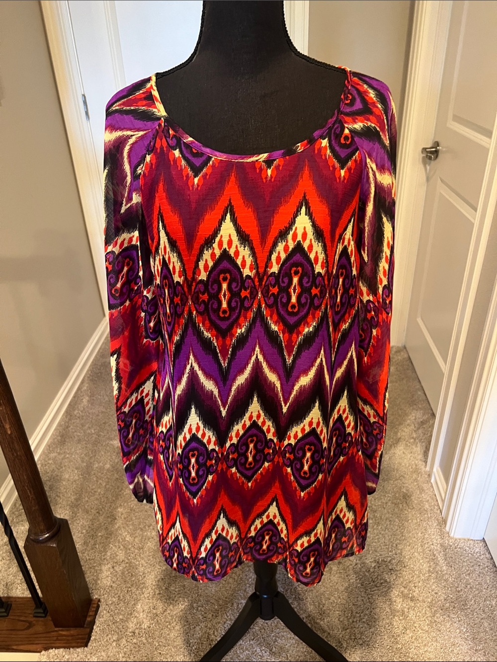 Umgee Bold Chevron Ikat Blouse - Purple, Red & Cream